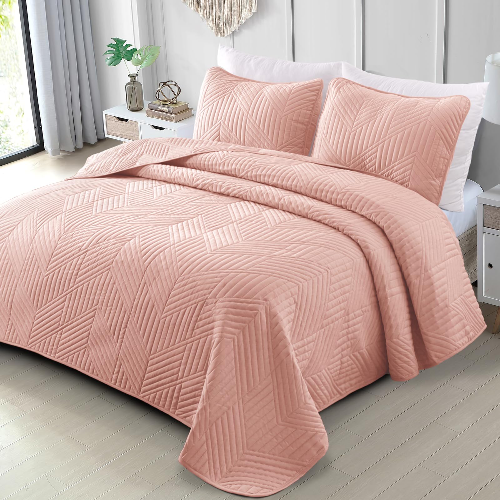 Exclusivo Mezcla Ultrasonic Full Queen Quilt Bedding Set, Lightweight Blush Pink Bedspreads Soft Modern Geometric Coverlet Set F